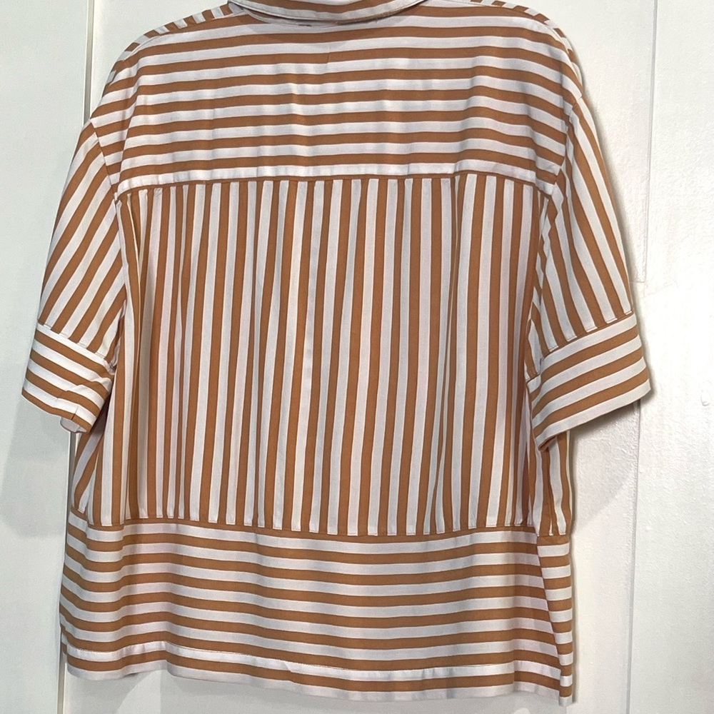 Jane and Delancey Striped Button-Up Shirt in White and Camel - Picture 2 of 7